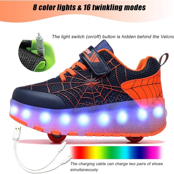 Kid's Girls Orange USB Chargable LED Lighting Roller Wheeled Skate Sneaker Shoes - Picture 2 of 6